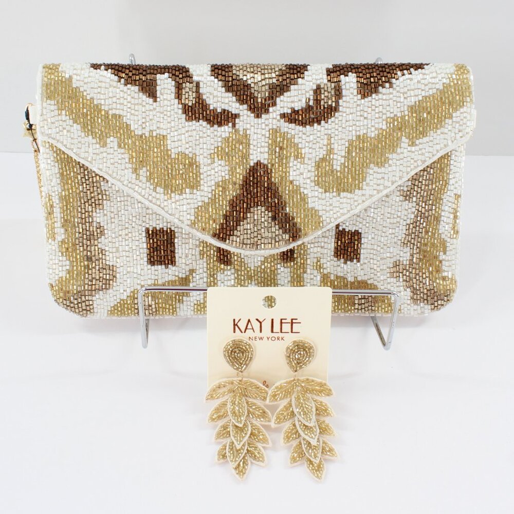 FREE EARRINGS - KAYLEE Patterned Beaded Envelope Clutch Crossbody Bag NWT White